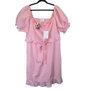 NWT ANDRÉE BY UNIT Pink Puff Sleeve Smocked Square Neck Swiss Dot Dress‎ Medium
